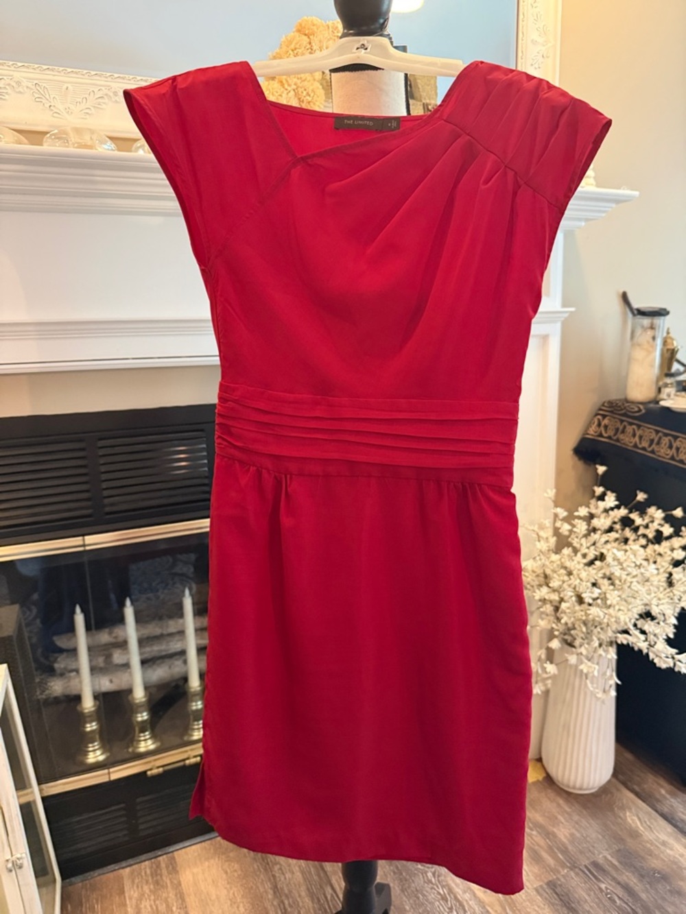 The Limited Red Cap-Sleeve Pleated-Waist Midi Dress